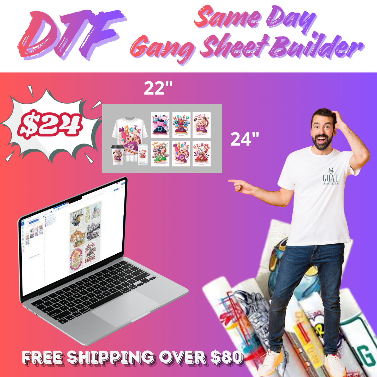 SAME DAY DTF GANG SHEET UPLOAD 22" X 24"